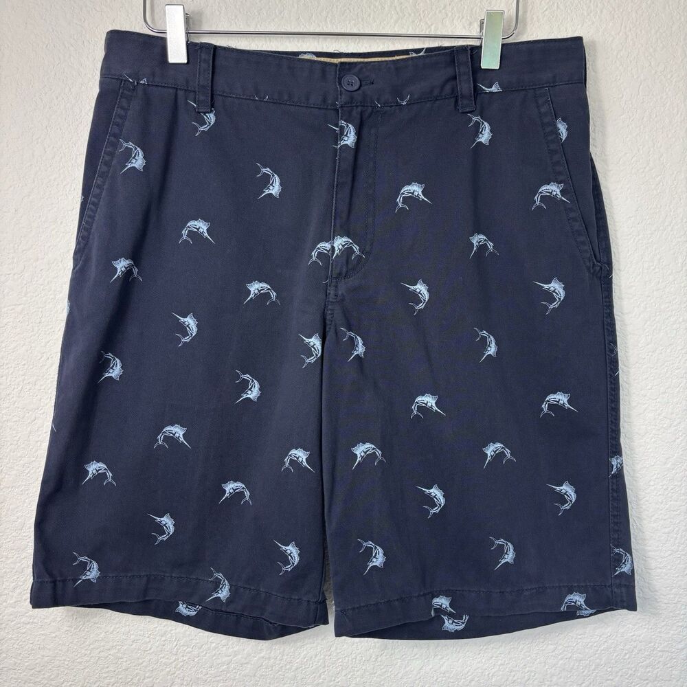 Izod Mens Chino Shorts 34 Blue Marlin Fish Print Preppy Y2K 10” Nautical Classic